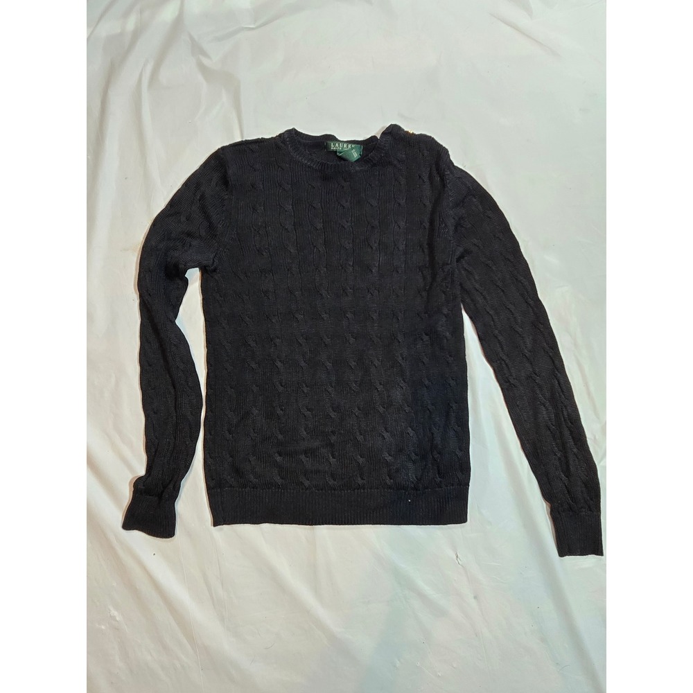 Lauren Ralph Lauren Black Cable Knit Button Shoulder Sweater XS RN41381